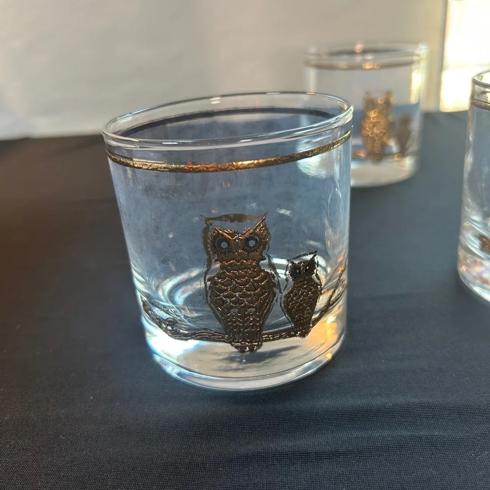 lot 5 vintage 1960s mcm culver glass 22k gold owls rocks lowball glasses barware